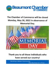 Memorial Day Closure @ Beaumont Chamber of Commerce | Beaumont | California | United States