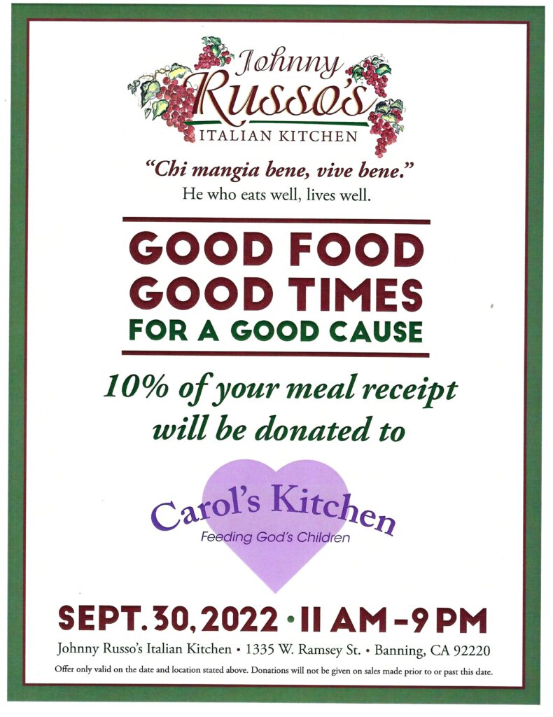 Carol's Kitchen Fundraiser at Johnny Russo's @ Johnny Russo's Italian Restaurant | Banning | California | United States