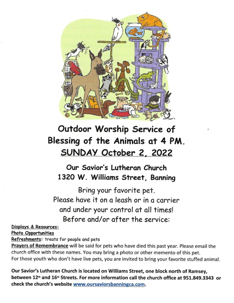 Outdoor Worship Service & Blessing of Animals @ Our Savior's Lutheran Church | Banning | California | United States