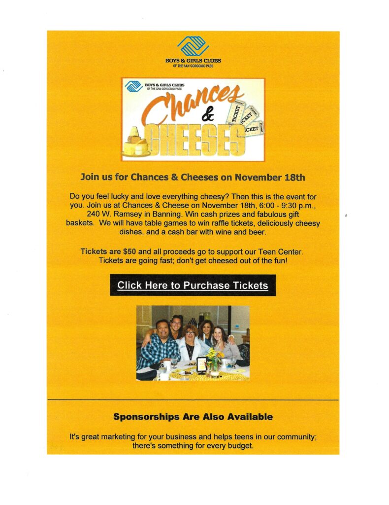 Chances & Cheeses Boys & Girls Club Fundraiser @ Teen Center | Banning | California | United States