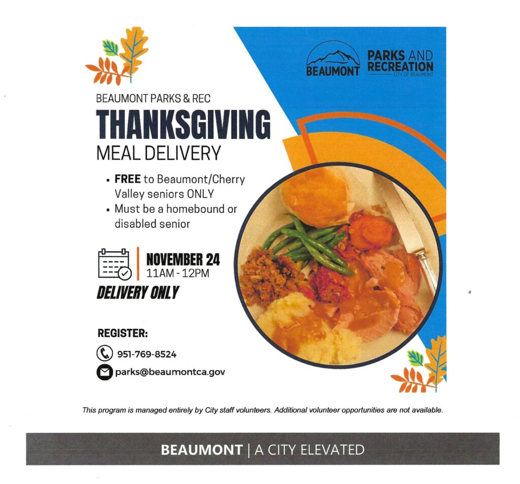 Sr. Thanksgiving Meal Delivery @ Beaumont Parks & Recreation | Beaumont | California | United States